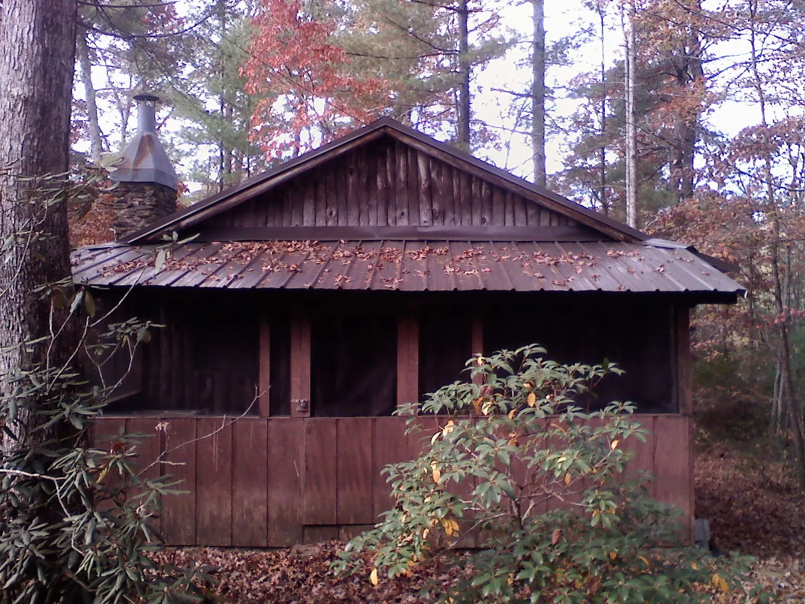 Metal roof over the screened porch of a rustic cabin in Mountain Home